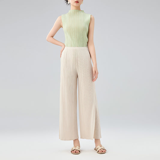 New Temperament Mid-waist Pleated Long Paragraph Splicing Straight Pants