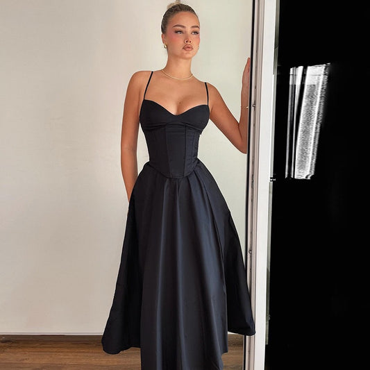 Sexy V-Neck Tank Long Dress Black Open-Back Sexy Dress Women's Summer Fashion French Style Cross-Border Design