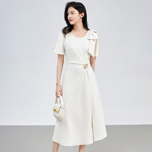 Elegant Womens Red Midi Dress Short Sleeve A Line Cocktail Party With Belt Fashion Casual Summer