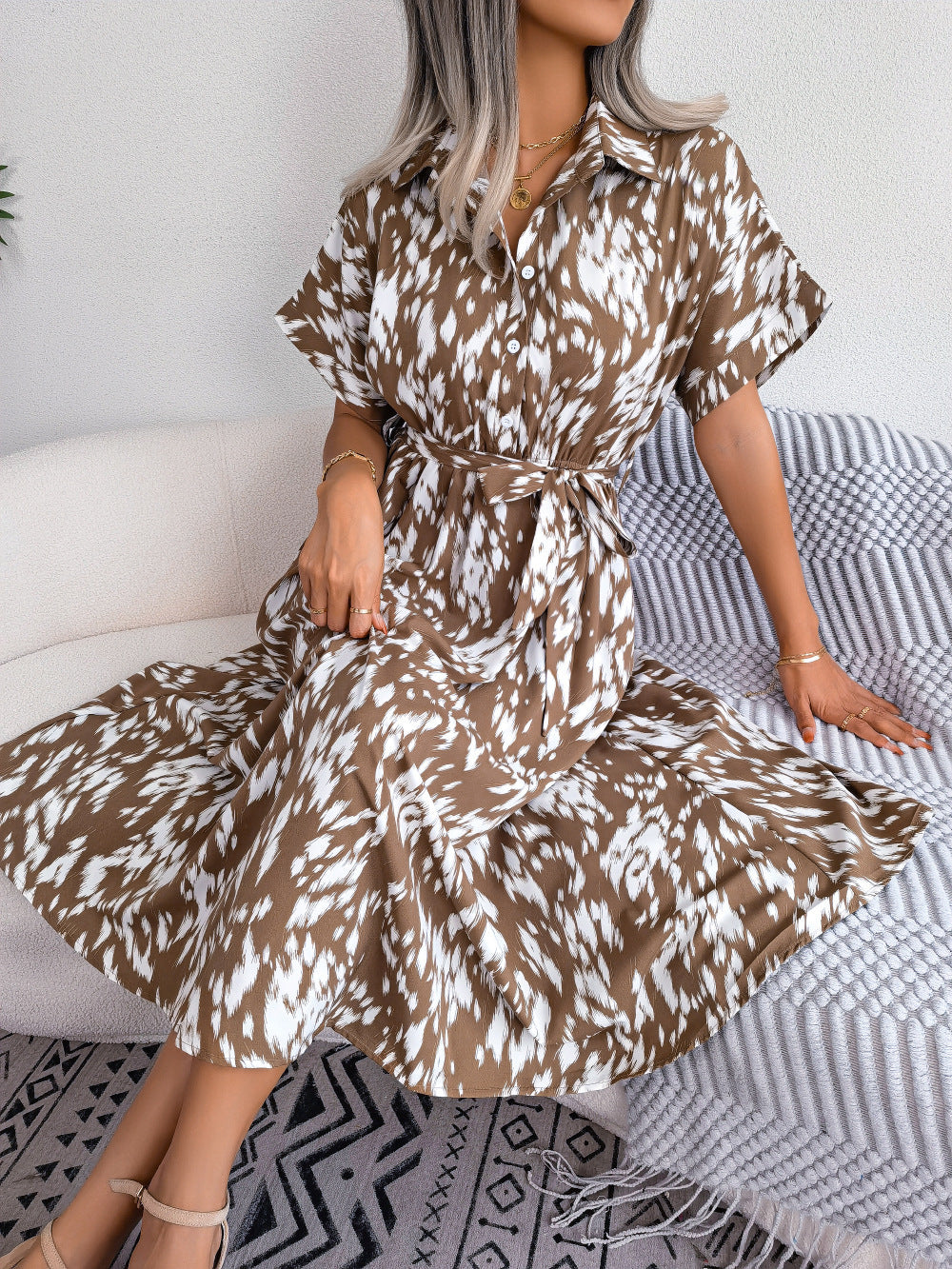 Women's Casual Loose Leopard Tie Shirt Dress Vintage Commuter Style Short Sleeve Waisted Skinny A-Line Dresses