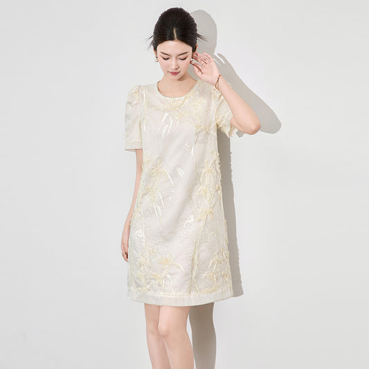 Elegant Short Sleeve Embroidered Glass Silk Dress Skirt Style Dress Chinese Cotton round Neck Short Length Elegant Dress