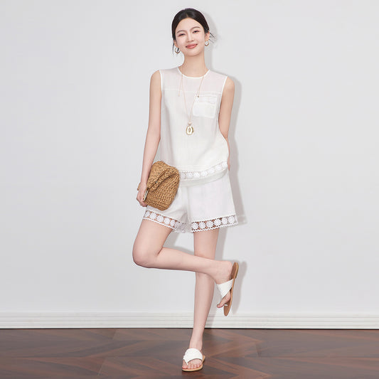 Lace Sleeveless Top And Elastic Waist Shorts Women's Set South Oil Sunflower Embroidery Design Casual Comfortable Outfit