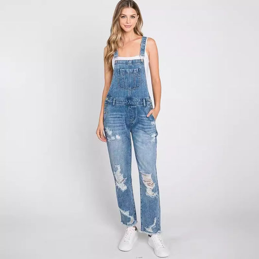 Denim Jumpsuit Vintage Blue High Waist Skinny Overalls For Women Loose Strap Straight Jumpsuit With Pockets