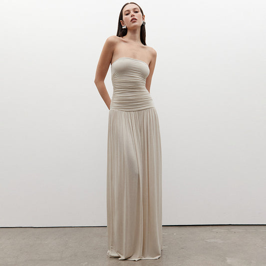 Off-shoulder Strapless Pleated Sexy Maxi Dress Women Fashion Backless Sleeveless High Waist Ruched Long Dress Elegant