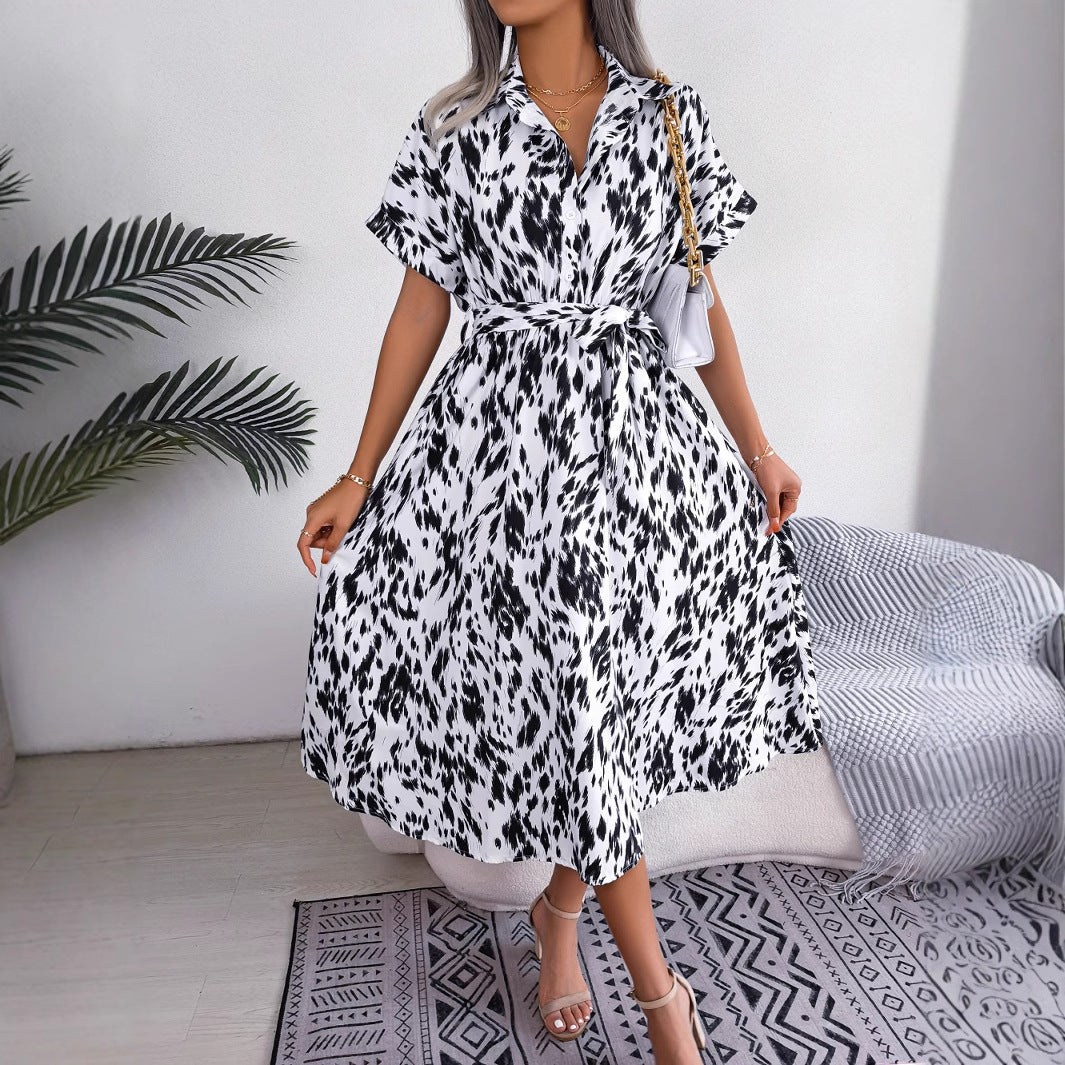 Women's Casual Loose Leopard Tie Shirt Dress Vintage Commuter Style Short Sleeve Waisted Skinny A-Line Dresses