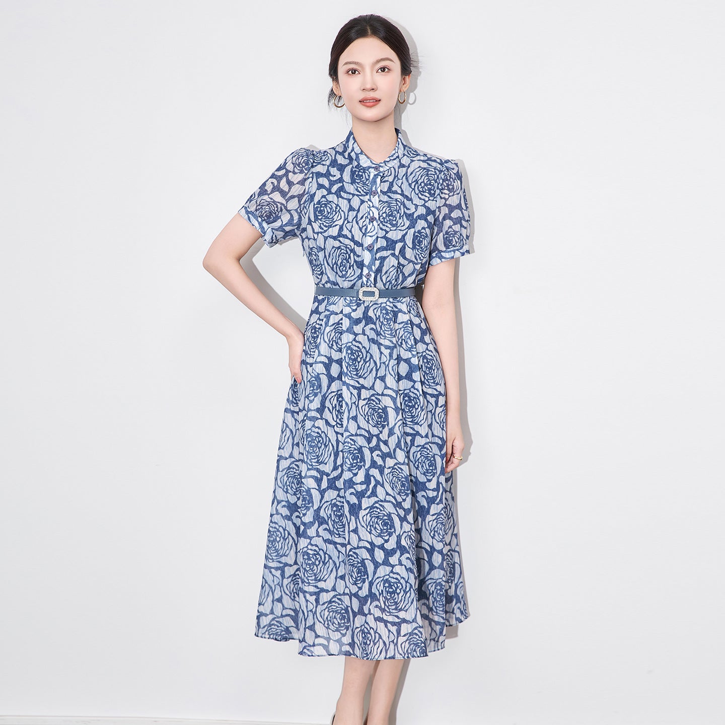 Fashionable Shirt-Style Printed Dress with Belt Independent Station Wind Women's Clothing Knee-Length Short Sleeve Polyester Fib