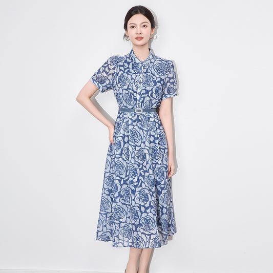 Fashionable Shirt-Style Printed Dress with Belt Independent Station Wind Women's Clothing Knee-Length Short Sleeve Polyester Fib
