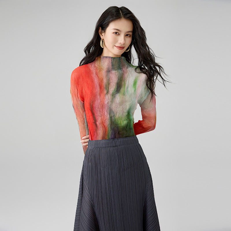 Women's Bottoming Shirt Wicker Print Fashionable Versatile Half-high Neck Slim T-shirt