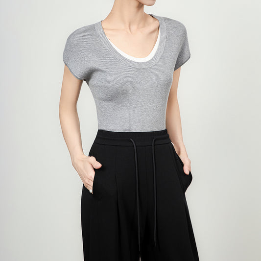 Summer New Temperament Knitted Top Short Sleeve T-shirt Korean Style Fake Two-piece T-shirt Women Clothing