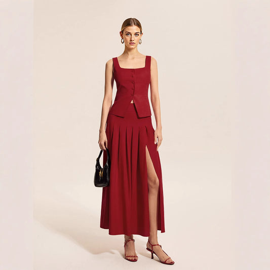Chic Square Neck Single Breasted Top Skirt Set Women Elegant Sleeveless Vest Pleated Shirt Skirts Suit Lady Summer 2 Piece Sets