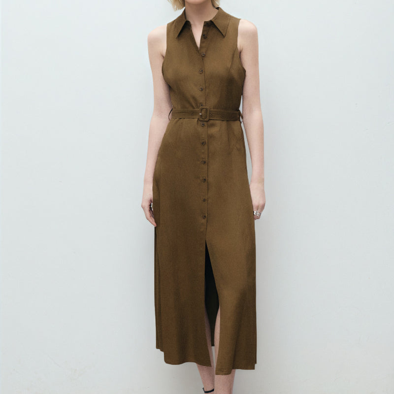 Elegant Belt Polo Dress Women 2025 Summer Casual Loose Female Ladies Casual Sleeveless Fashion Dress Shirts
