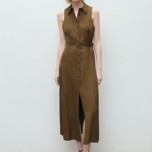 Elegant Belt Polo Dress Women 2025 Summer Casual Loose Female Ladies Casual Sleeveless Fashion Dress Shirts