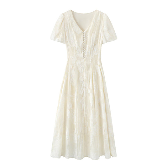 Elegant Collection Lace V Neck Maxi Dresses Summer Pearl Placket Ladies Clothing