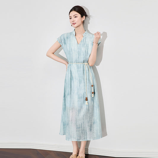 Pleated V Neck Dress Women New Waistband Design Elastic Loose Elegant Women Fashion Dress