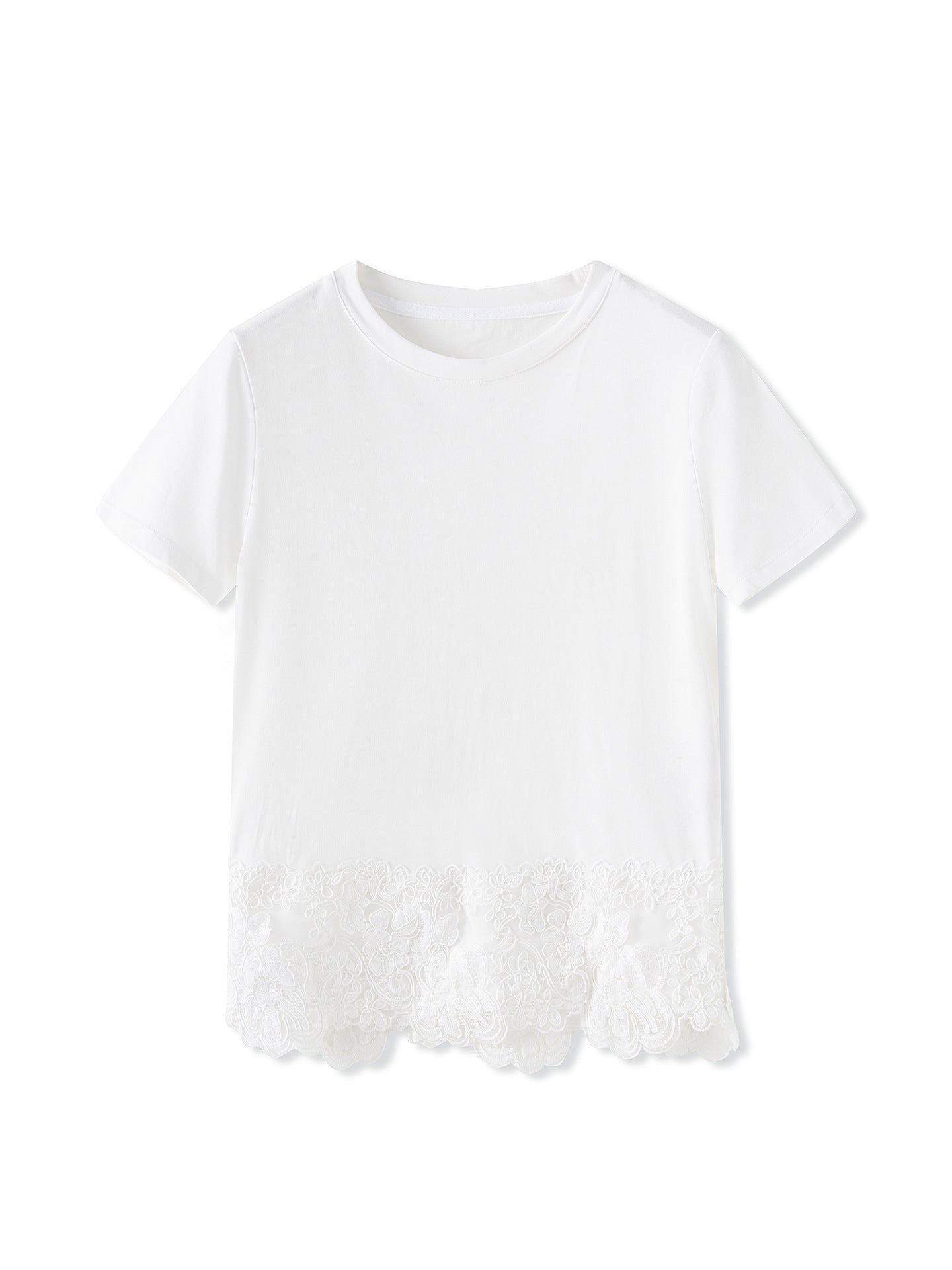 Women Summer Short Sleeve T-Shirt Top 100% Cotton Simple Irregular Lace Hem Trim Regular Shoulder Fashion
