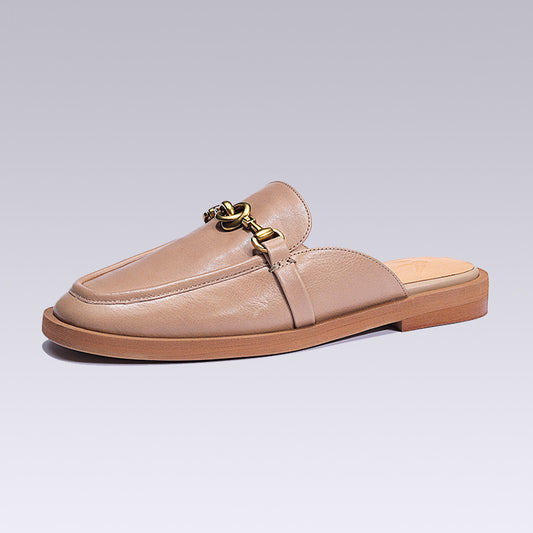 Genuine Leather Round-Toe Woman Slippers Mules Slides Metal Decora Loafers Female Oxfords Clogs