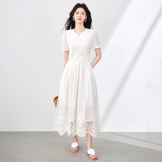 Casual Fashion Dress For Women Round Neck Short Sleeve Hollow Out Embroidery Patchwork Female Dresses