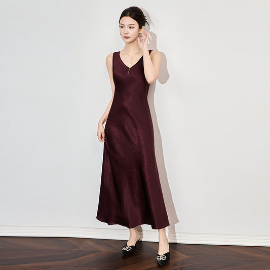 High-Grade Pendant Waist Slimming Crepe Acetate Satin French Style Temperament Vest Dress
