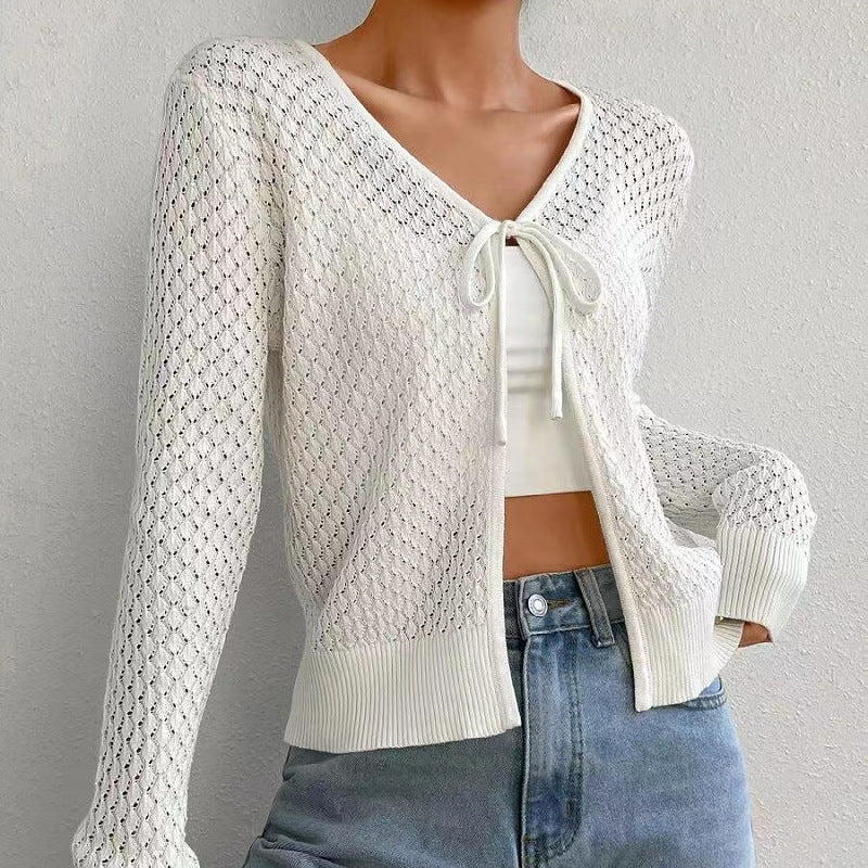 Women's Solid Long Sleeve V-Neck Hollow Out Cover Up Tops Spring Autumn Ladies Holiday Lace Up Cardigan T Shirts Tee Size S-XL