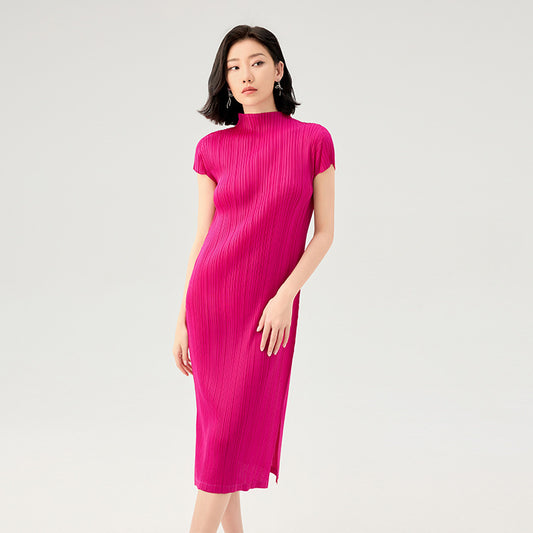 New Elegant Design Sense Thin Short-sleeved Pleated Temperament Half-high Neck A-line Skirt