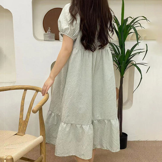 Bubble Textured U-Neck Dress Women's Casual A-Line Midi Ruffled Short Sleeve Soft Comfortable Womens Dresses Woman Clothing Cute