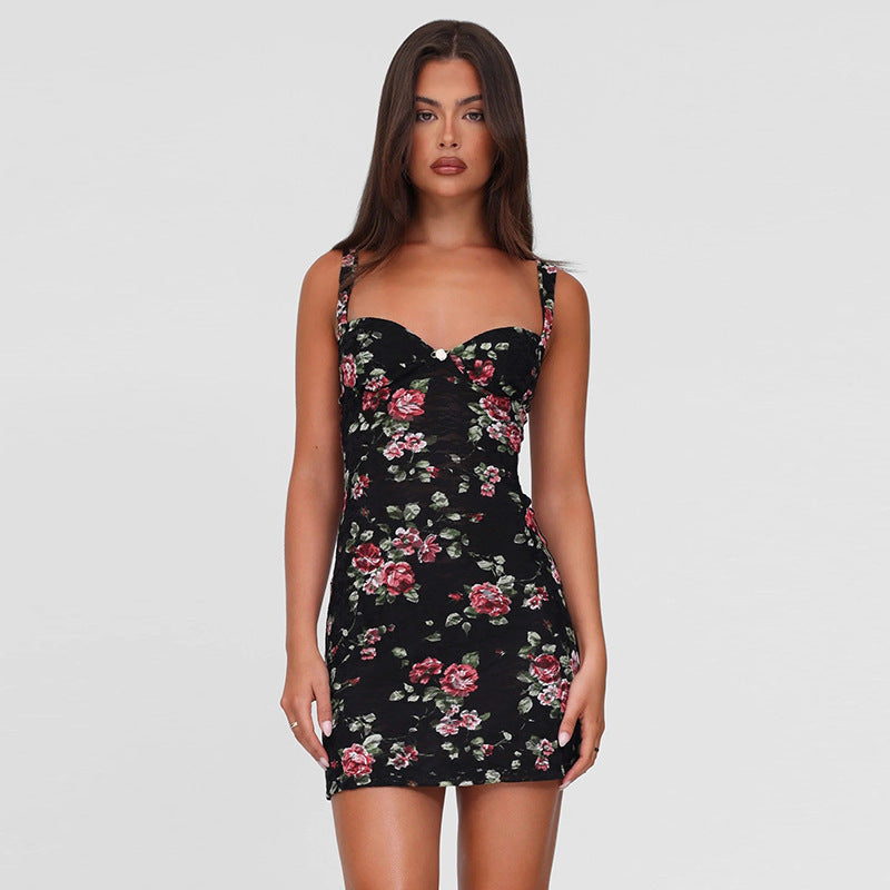 Floral Print Mini Dress Women Sexy Low-Neck Backless Sleeveless Skinny Peach Hip Midnight Club Party Fashion Outfits