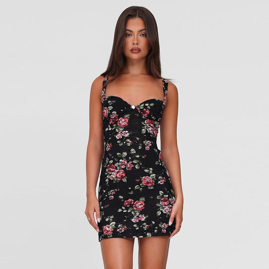 Floral Print Mini Dress Women Sexy Low-Neck Backless Sleeveless Skinny Peach Hip Midnight Club Party Fashion Outfits