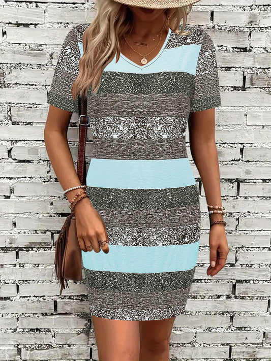 Cross-border Summer Hot Sale Stripe Print Fashion Casual V-neck Short Sleeve Dress