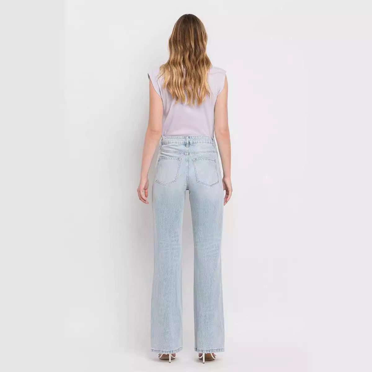 High Waist Irregular Denim Straight Trousers