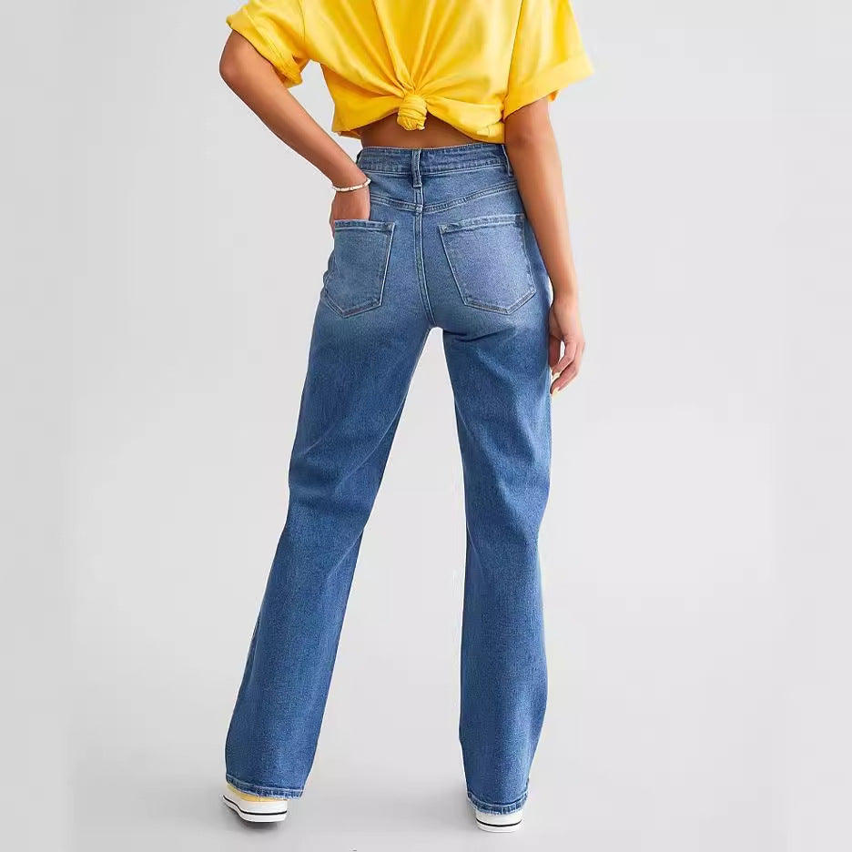 Woman High Waist Elastic Pants Female Casaul Slim Fit Ripped Jeans Girls Fashion Streetwear Dark Blue Light Blue Denim Trousers
