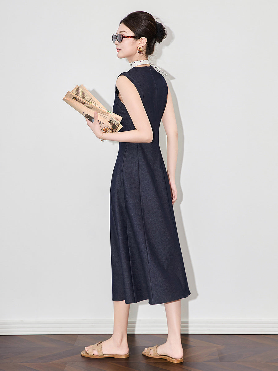 Women Sleeveless Midi Denim Dress Summer High Street Fashion O Neck Vintage Casual Dresses