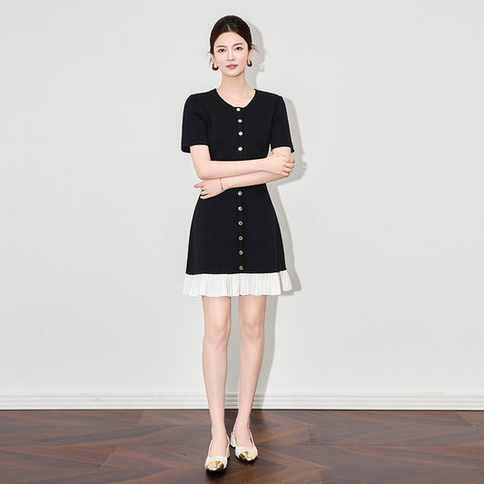 Black Women's Knitted Dress Elastic Splicing and Creasing 2025 Spring/summer Fashionable Slimming Short Sleeved Dress