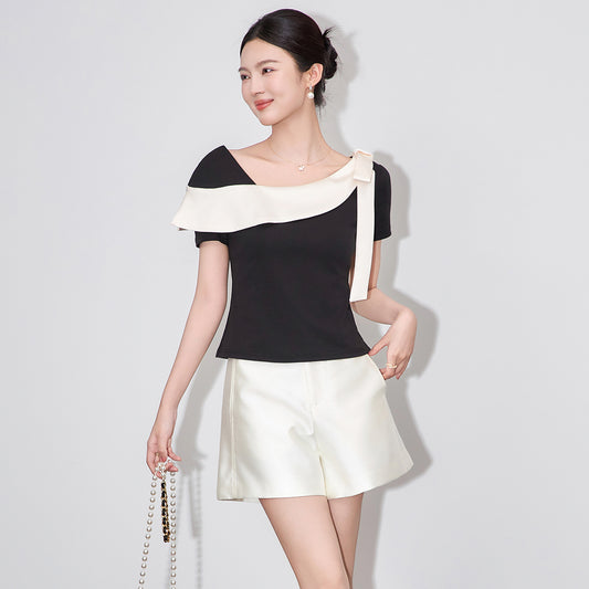 Chic Color Block Bow Designer Summer T-Shirt Sexy Off Shoulder Luxury Tops Trendy Elegant Casual Streetwear Girl Tees