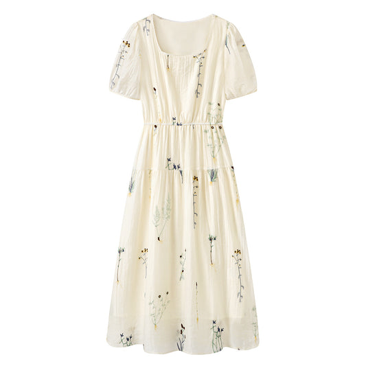 New Women's Dress Floral Embroidery Neckline Lace-up Waist Slimming Bubble Sleeve Female Dresses