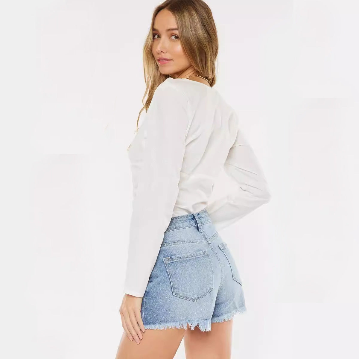 Fashion Folded Leg Denim Shorts Women Mid Waist Broken Holes Three Quarter Pants