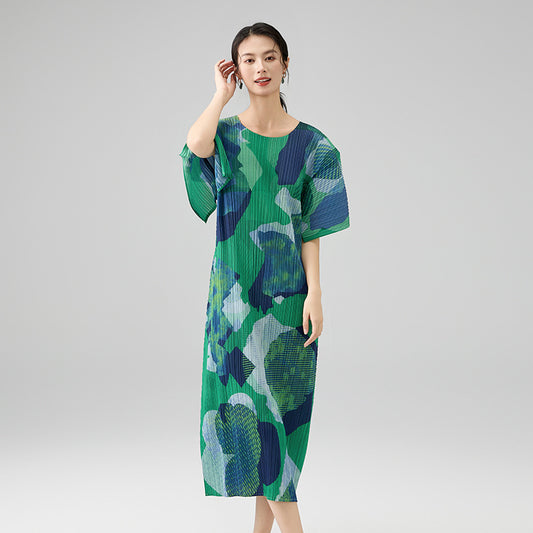 Geometric Print Pleated Dress 3/4 Sleeve round Neck Loose Fit Fashionable Stylish New Style