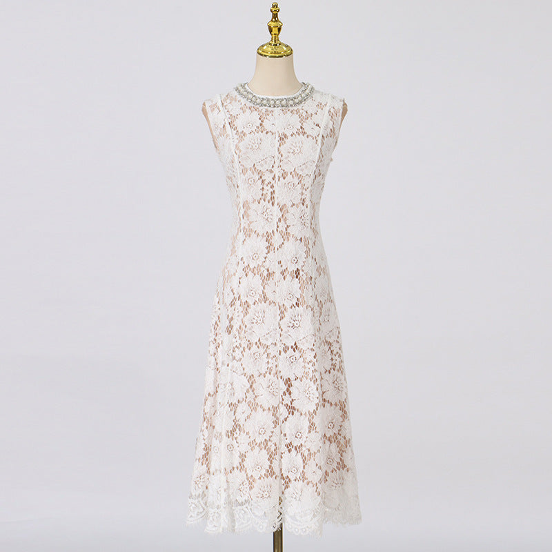 Elegant Heavy Industry High-Grade Midi Dress New Fashion Lace Flower Sleeveless Round Neck Dress Women
