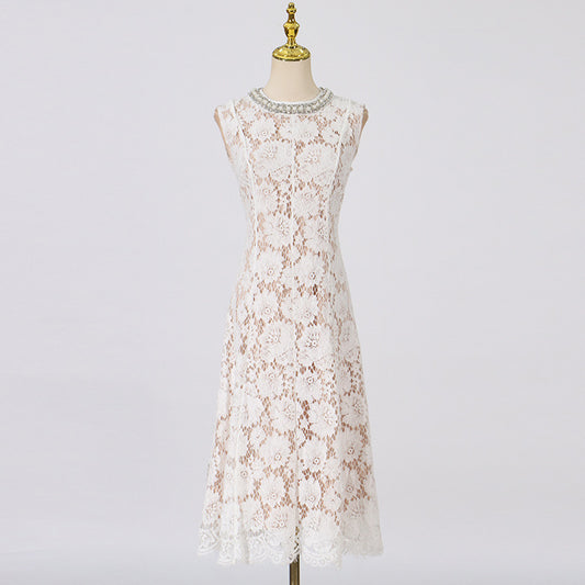 Elegant Heavy Industry High-Grade Midi Dress New Fashion Lace Flower Sleeveless Round Neck Dress Women