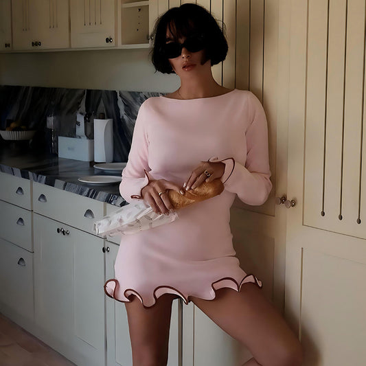 Women Dresses Elegant Round Neck Pleat Long Sleeve New Casual Slim Pink Sexy Black Mini Dress Female Chic Party Street Dress