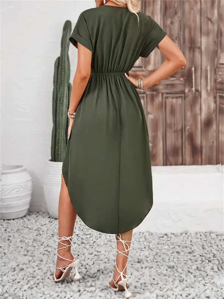 Women's Retro Solid Color Spring And Summer Dress Fashionable V-neck Short-sleeved Slit Wrap-around Loose Knotted Dress