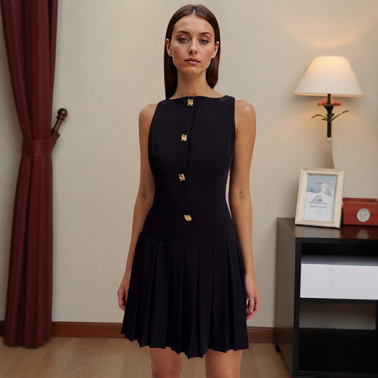 Summer Sleeveless Dress Women Slim High Waist Fashion Ruffle Pleated Patchwork Ladies Dresses Elegant Woman Mini A-Line Dress