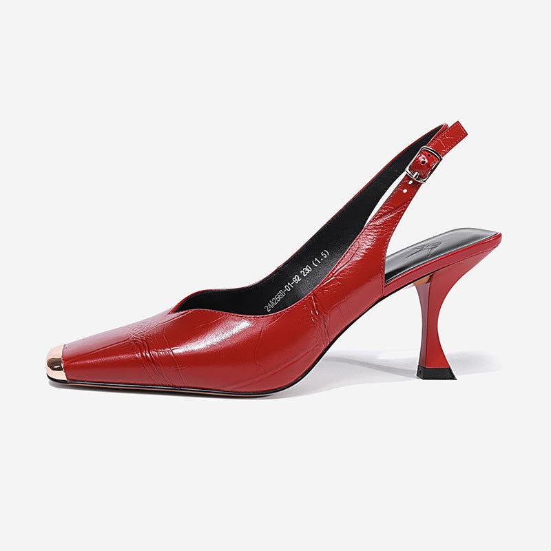 Woman Summer Sandals Simple Pumps Elegant Metal Toe Shoes For Women Spring Autumn Med Heel Slingbacks Sandals