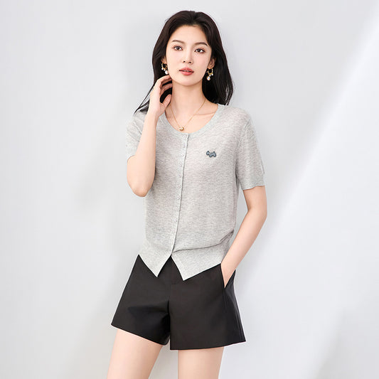 Women's Short-Sleeved Round Neck Knitted Cardigan Summer New Comfortable Versatile Top Thin Sweater