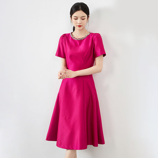 French Women's Dress Delicacy Imitation Silk Bead Diamond Round Collar Solid Color Short Sleeved Skirt Luxury Elegant Dress