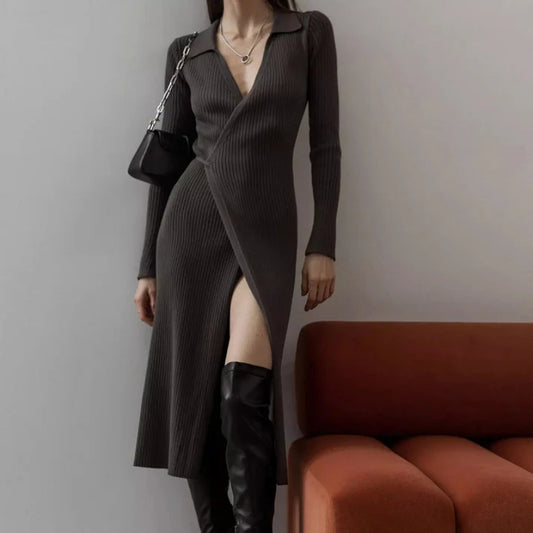 Flare Sleeve Knitted Dress Women Autumn Winter Sexy Slim Green Midi Dress American Single Breasted Streetwear Club Vestidos
