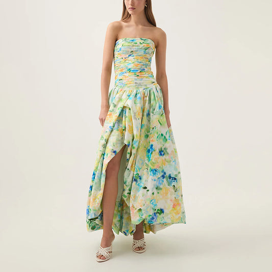 Sexy Strapless Printed Split Deign Long Bubble Dress Women Sleeveless Backless High Waist Patchwork Folds Dresses Evening Party
