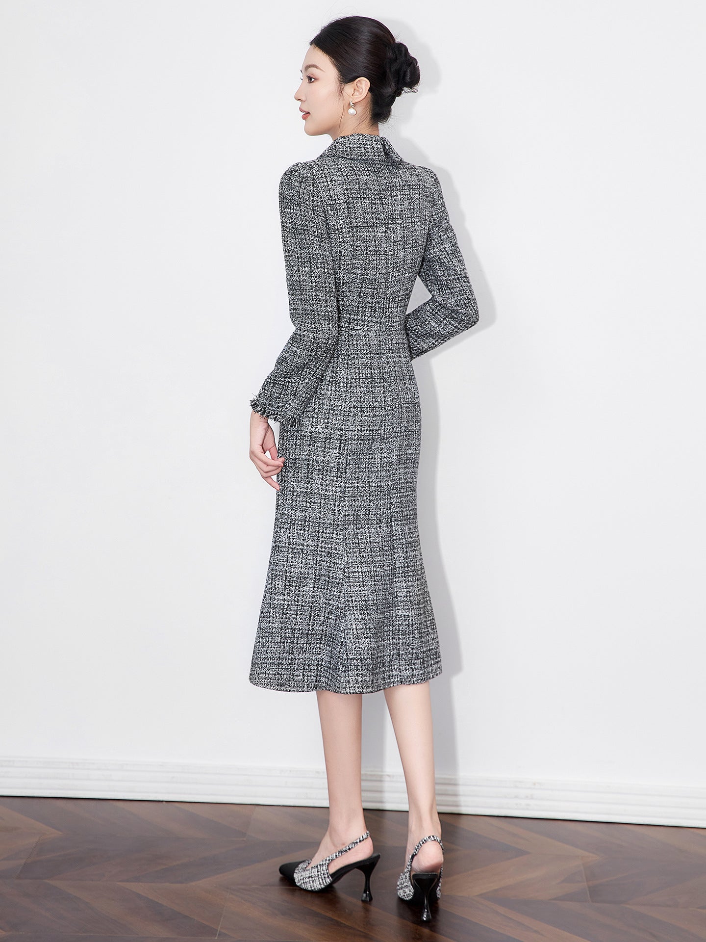 Floral Tfeta Dress  with Bow Knot Belt and Fi Tail Skirt Long Sve Women's Faion Dress