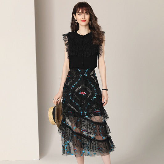 Women Runway Designer Luxury Embroidery Mesh Dress Suit Set High Quality Lace Party Robe Long Vintage Cocktail Vestidos
