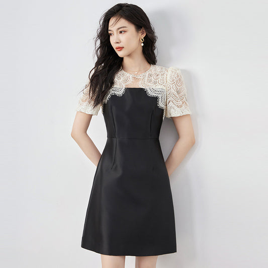 Fashion Desige Women's Party Dress Summer Lace Hollow Out Short Sleeve Solid Mini Dresses