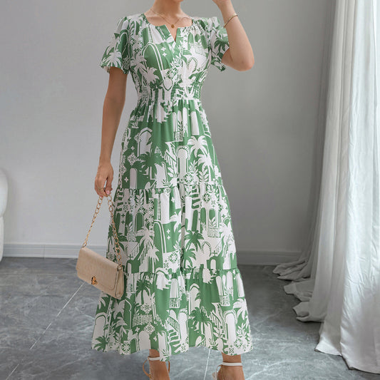 Summer Female Floral Dress Short Flare Sleeve V-neck Fashion Printing Slim Waist Women's Beach Dress Holiday Clothes Green